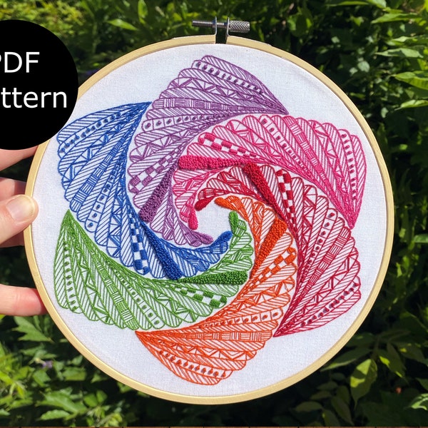 Spiral doodle with rainbow colors, digital PDF pattern for hand embroidery, beginner or advanced pattern