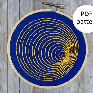 Puede incluir: Un aro de bordado azul con un diseño de círculos concéntricos en hilo dorado. El diseño recuerda a una galaxia espiral. El aro está sobre una superficie de madera. Patrón PDF.
