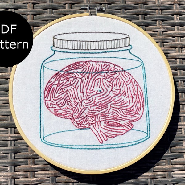 Brain in Jar Maze, Brain Labyrinth, digital PDF pattern for hand embroidery, beginner pattern