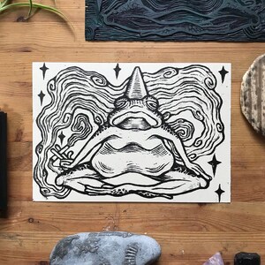 Grumpy Frog A5 lino print, magic wizard toad art print