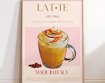 Latte Print, PHYSICAL PRINT, Mid Century Modern, Exhibition Poster, Modern Kitchen Decor, Coffee Drink Print, Gift For Coffee Lovers