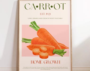 Impresión de zanahoria, impresión física, estilo moderno de mediados de siglo, póster de exposición, decoración de cocina moderna, arte mural de verduras de galería, póster de cocina