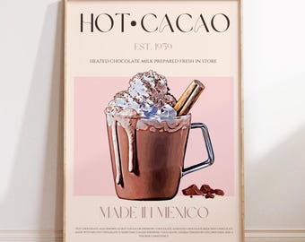 Puede incluir: Un póster enmarcado con las palabras "HOT CACAO" y "EST. 1950" en la parte superior. La imagen presenta una taza de chocolate caliente con crema batida y una ramita de canela. El texto "MADE IN MEXICO" está en la parte inferior.