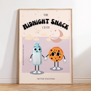 The Midnight Snack Club Print, PHYSICAL PRINT, Cute Kitchen Wall Art, Milk and Cookie Poster, Fun Food Decor, Cute Character Wall Art