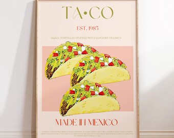 Impresión de tacos, impresión física, estilo moderno de mediados de siglo, póster de exposición, decoración de cocina moderna, póster de comida mexicana, regalo de inauguración de casa mexicana