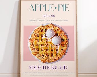 Impresión de tarta de manzana, impresión física, arte moderno de mediados de siglo, póster de exposición, decoración de cocina moderna, arte mural de Acción de Gracias, impresión otoñal.