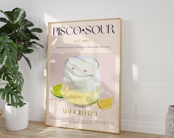 Pisco Sour Cocktail Print, DIGITAL DOWNLOAD, Printable Art, Bar Cart Print, Alcohol Poster, Mid Century Modern, Cocktail Exhibition Poster