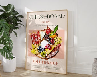 Puede incluir: Un póster rosa y blanco con el texto "CHEESE BOARD EST. 1920 CHEESE, MEATS AND FRUIT SERVED ON A BOARD MADE IN FRANCE" y una ilustración colorida de una tabla de quesos con varios quesos, carnes, frutas y pan.