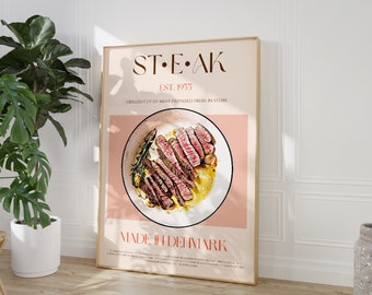 Steak Print, DIGITAL DOWNLOAD, Large Printable Art, Mid Century Modern, Exhibition Poster, Retro Wall Art, Vintage Poster, Food Wall Art