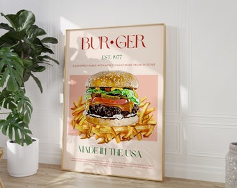 Puede incluir: Un póster de estilo vintage con fondo rosa que presenta una gran hamburguesa jugosa con pan de sésamo, lechuga, tomate, queso y pepinillos. La hamburguesa está rodeada de patatas fritas doradas. El póster tiene el texto "BUR GER EST. 1977 A SANDWICH MADE WITH MINCED MEAT MADE FRESH IN STORE MADE IN THE USA".
