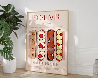 May include: A poster with the text "ÉC-LA-IR EST. 1968 SWEET PASTRY FILLED WITH CREAM MADE FRESH IN STORE MADE IN FRANCE" and an illustration of four eclairs with different toppings.