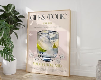 May include: A vintage-style poster advertising Gin & Tonic, a gin-based cocktail made with tonic water. The poster features a glass of gin and tonic with ice and a lime wedge, and the text "Gin & Tonic Est. 1913 Gin-based cocktail made with tonic water Made in Holland".