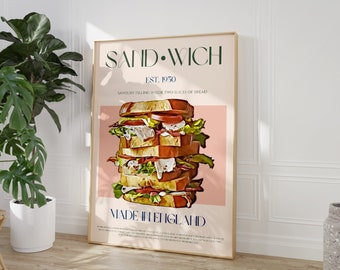 Sandwich Print, Minimalist Print, Food Wall Art, Digital Download, Large Printable Art, Mid Century Modern, Kitchen Poster, 50s Wall Art