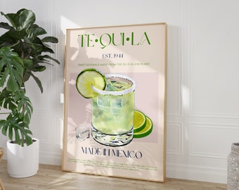 May include: A vintage-style poster with a pink background and gold frame. The poster features a glass of tequila with a lime wedge and a white rim. The text on the poster reads "TE-QUI-LA EST. 1944 SWEET BEVERAGE MADE FROM THE BLUE AGAVE PLANT MADE IN MEXICO".