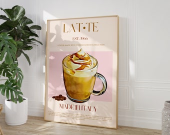 Latte Print, DIGITAL DOWNLOAD, Drink Poster, Large Downloadable Print, Coffee Print, Modern Kitchen Decor, Retro Poster, Kitchen Pop Art