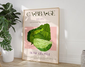 Cabbage Print, Digital Download, Downloadable Print, Vegetable Wall Art, Vintage Poster, Modern Kitchen Decor, Retro Wall Art, Vegan Print