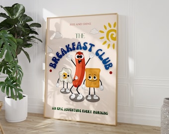 Breakfast Character Retro Print, DIGITAL DOWNLOAD, Downloadable Art, Fun Kitchen Print, Sausage Egg Toast, Retro Cartoon Print, Retro Art