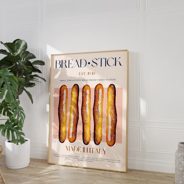 Breadstick Print, Digital Download, Downloadable Print, Modern Kitchen Decor, Vintage Poster, Kitchen Wall Art, Italy Poster, Bread Wall Art