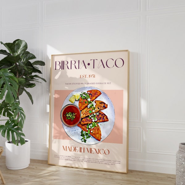 Birria Taco Print, Digital Download, Large Downloadable Print, Modern Kitchen Decor, Retro Wall Art, Mexican Food Print, Mexico Poster