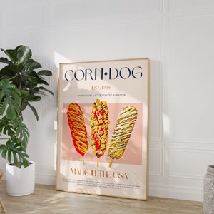 Corn Dog Print, digitaler Download, druckbare Kunst, koreanisches Essen, Korea Print, Mid Century Modern, Ausstellungsplakat, Retro Print, Pop Art
