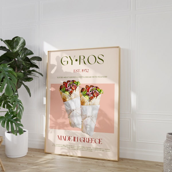 Gyros Food Print, digitaler Download, große herunterladbare Kunst, Griechenland Poster, modernes Küchendekor, Retro Wandkunst, Vintage Poster, Essen Zeichen