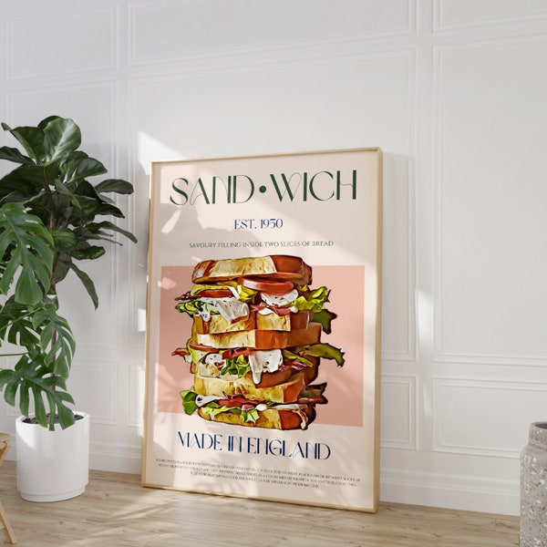 Sandwich Print, Minimalist Print, Food Wall Art, Digital Download, Large Printable Art, Mid Century Modern, Kitchen Poster, 50s Wall Art