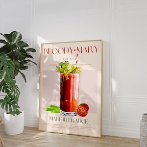 Wydruk „Blood Mary”, POBIERANIE CYFROWE, Wydruk do pobrania, Wydruk koktajlowy, Plakat na wózek barowy, Styl Mid Century Modern, Plakat wystawowy, Wydruk kulinarny