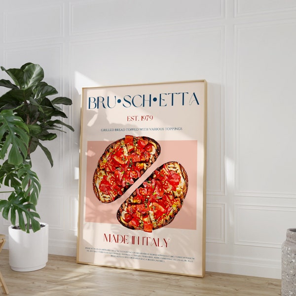 Bruschetta Print, Italian Food, Modern Kitchen Decor, Vintage Poster, 50s Food Print, Digital Download, Large Downloadable Print, Food Art