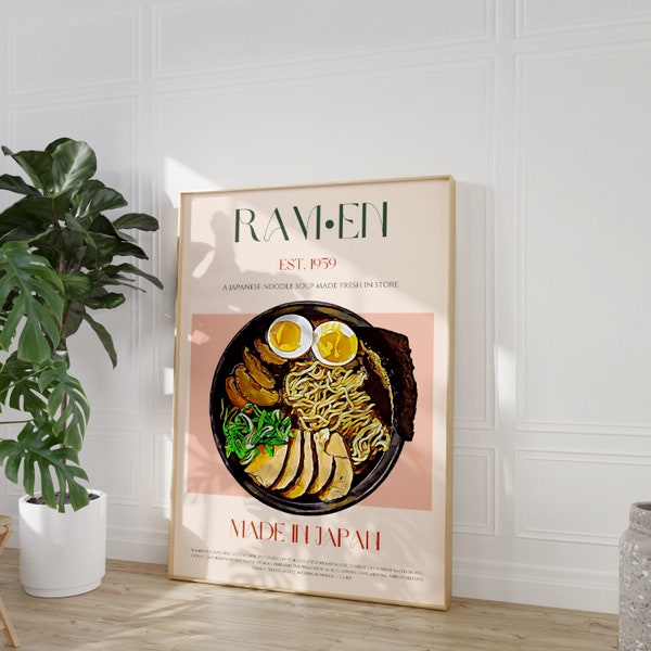 Ramen Poster, Food Print, japanische Kunst, Retro Wandkunst, digitaler Download, großer Druck zum Herunterladen, Ausstellungsplakat, Mid Century Modern