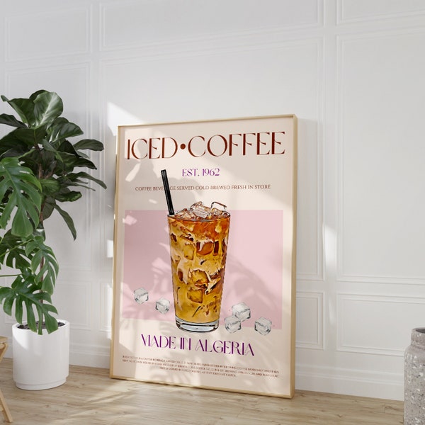 Eiskaffee Print, Retro Kaffeedruck, digitaler Download, große druckbare Kunst, Küchen Wandkunst, Küchendekor, Getränk Poster, Wandkunst