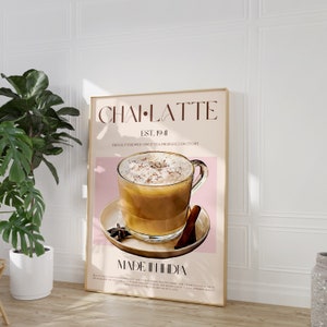 Chai latte-print, DIGITALE DOWNLOAD, downloadbare print, halverwege de eeuw modern, tentoonstellingsposter, retro kunst aan de muur, drankje print, vintage poster