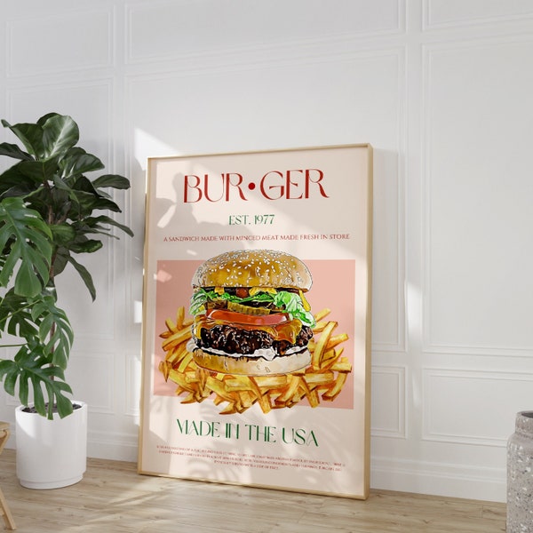 Burger Print, American Food Diner Poster, Exhibition Poster, Mid Century Modern, Digital Download, Large Downloadable Print, Kitchen Decor