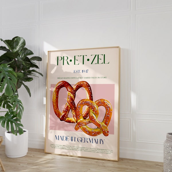 Pretzel Food Print, Mid Century Modern, Digital Download, Downloadable Print, German Food Art, Kitchen Decor, Modern Food Print, Retro Art