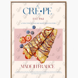 Op de afbeelding: Een poster met een roze achtergrond en een bruin houten frame. De poster toont een afbeelding van twee cr&ecirc;pes met chocoladesaus en aardbeien. De tekst op de poster luidt "CREPE EST. 1961 A THIN TYPE OF PANCAKE MADE FRESH IN STORE MADE IN FRANCE".