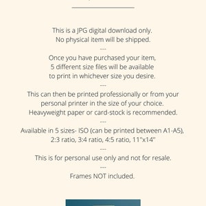 Puede incluir: Un gr&aacute;fico de descarga digital con el texto "JPG Digital Download" en fuente cursiva negra. El texto "Esta es una descarga digital JPG solamente. No se enviar&aacute; ning&uacute;n art&iacute;culo f&iacute;sico." est&aacute; en fuente negra sans-serif. El texto "Una vez que haya comprado su art&iacute;culo, 5 archivos de diferentes tama&ntilde;os estar&aacute;n disponibles para imprimir en el tama&ntilde;o que desee." est&aacute; en fuente negra sans-serif. El texto "Esto se puede imprimir profesionalmente o desde su impresora personal en el tama&ntilde;o que elija. Se recomienda papel pesado o cartulina." est&aacute; en fuente negra sans-serif. El texto "Disponible en 5 tama&ntilde;os - ISO (se puede imprimir entre A1-A5), proporci&oacute;n 2:3, proporci&oacute;n 3:4, proporci&oacute;n 4:5, 11"x14" est&aacute; en fuente negra sans-serif. El texto "Esto es para uso personal solamente y no para reventa. Marcos NO incluidos." est&aacute; en fuente negra sans-serif. El texto "KOKR PRINTS" est&aacute; en fuente blanca sans-serif sobre un rect&aacute;ngulo azul turquesa.