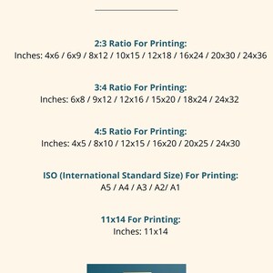 Puede incluir: Un fondo blanco con texto negro que describe diferentes tama&ntilde;os de impresi&oacute;n para varias proporciones. El texto incluye "Size Board", "2:3 Ratio For Printing", "3:4 Ratio For Printing", "4:5 Ratio For Printing", "ISO (International Standard Size) For Printing" y "11x14 For Printing".