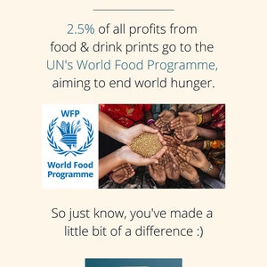 Op de afbeelding: Een afbeelding met de tekst "Oh Just So You Know..." en "2.5% van alle winsten van voedsel- en drankprints gaat naar het Wereldvoedselprogramma van de Verenigde Naties, met als doel om honger in de wereld te be&euml;indigen." De afbeelding bevat ook het logo van het Wereldvoedselprogramma en een foto van handen die naar voedsel reiken.