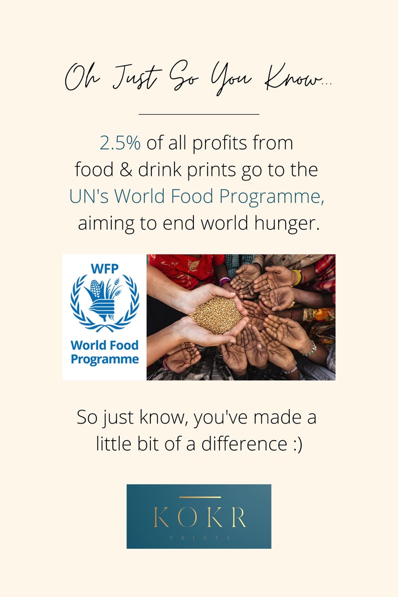 Op de afbeelding: Een afbeelding met de tekst "Oh Just So You Know..." en "2.5% van alle winsten van voedsel- en drankprints gaat naar het Wereldvoedselprogramma van de Verenigde Naties, met als doel om honger in de wereld te be&euml;indigen." De afbeelding bevat ook het logo van het Wereldvoedselprogramma en een foto van handen die naar voedsel reiken.