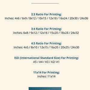 Op de afbeelding: Een witte achtergrond met zwarte tekst die verschillende afdrukformaten voor verschillende verhoudingen beschrijft. De tekst bevat "Size Board", "2:3 Ratio For Printing", "3:4 Ratio For Printing", "4:5 Ratio For Printing", "ISO (International Standard Size) For Printing" en "11x14 For Printing".