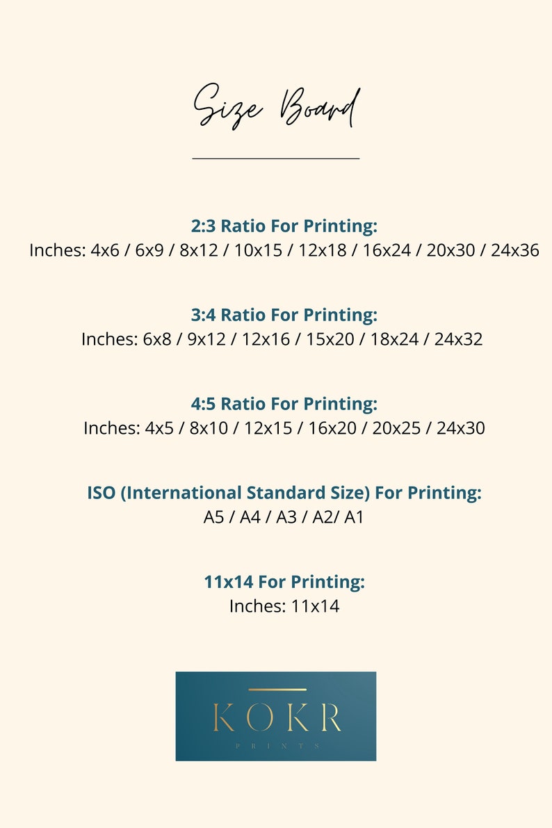 Op de afbeelding: Een witte achtergrond met zwarte tekst die verschillende afdrukformaten voor verschillende verhoudingen beschrijft. De tekst bevat "Size Board", "2:3 Ratio For Printing", "3:4 Ratio For Printing", "4:5 Ratio For Printing", "ISO (International Standard Size) For Printing" en "11x14 For Printing".