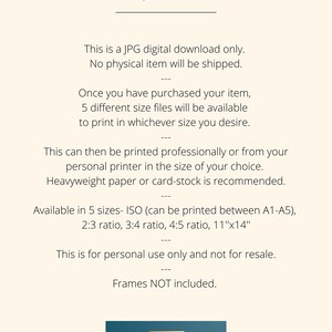 Puede incluir: Un gr&aacute;fico de descarga digital con el texto "JPG Digital Download" en fuente cursiva negra. El texto "Esta es una descarga digital JPG solamente. No se enviar&aacute; ning&uacute;n art&iacute;culo f&iacute;sico." est&aacute; en fuente negra sans-serif. El texto "Una vez que haya comprado su art&iacute;culo, 5 archivos de diferentes tama&ntilde;os estar&aacute;n disponibles para imprimir en el tama&ntilde;o que desee." est&aacute; en fuente negra sans-serif. El texto "Esto se puede imprimir profesionalmente o desde su impresora personal en el tama&ntilde;o que elija. Se recomienda papel pesado o cartulina." est&aacute; en fuente negra sans-serif. El texto "Disponible en 5 tama&ntilde;os - ISO (se puede imprimir entre A1-A5), proporci&oacute;n 2:3, proporci&oacute;n 3:4, proporci&oacute;n 4:5, 11"x14" est&aacute; en fuente negra sans-serif. El texto "Esto es para uso personal solamente y no para reventa. Marcos NO incluidos." est&aacute; en fuente negra sans-serif. El texto "KOKR PRINTS" est&aacute; en fuente blanca sans-serif sobre un rect&aacute;ngulo azul turquesa.