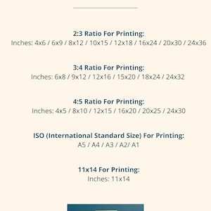 May include: A cream-colored graphic with the text "Size Board" in elegant script. Below, it lists print ratios and sizes in inches, including 2:3, 3:4, 4:5, ISO, and 11x14. The KOKR Prints logo is at the bottom.