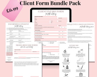 May include: A pink and white digital product bundle for teeth whitening services. The bundle includes a client intake form, informed consent form, media release form, frequently asked questions, and aftercare instructions. The price is £6.99.