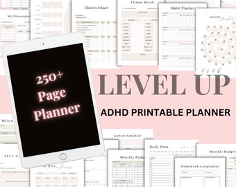 May include: A pink and white digital planner with the text "LEVEL UP ADHD PRINTABLE PLANNER" and "250+ Page Planner". The planner includes pages for daily, weekly, and monthly planning, as well as pages for tracking habits, fitness, and finances.