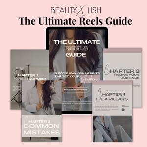 Peut inclure: Un guide numérique rose et blanc intitulé "The Ultimate Reels Guide" avec le texte "Beauty x Lish" en haut. Le guide est divisé en quatre chapitres : "Reels Equipment", "Common Mistakes", "Finding Your Audience", et "The 4 Pillars".