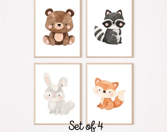 Set of 4, Cute Forest Animals Print, Nursery Wall Art, Unisex Nursery Art, Digital Nursery Art, Nursery Decor, Baby Animals, Printable Art