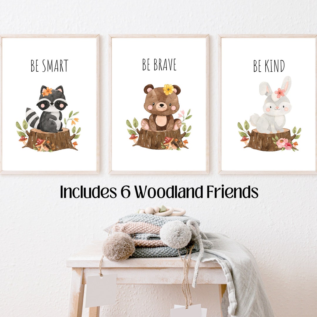 Set of 6, Woodland Friends, Nursery Wall Art, Cute Animal Baby Girl