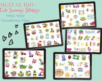 SUMMER Digital Sticker Pack para GoodNotes Planner, pegatinas PNG prerecortadas, archivos PDF / Notability Journal Stickers