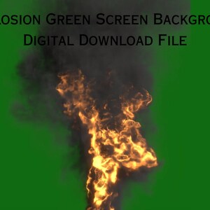 Op de afbeelding: Een digitaal downloadbestand van een explosie met oranje vlammen en zwarte rook tegen een groene achtergrond.