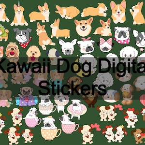 May include: A digital sticker sheet featuring a variety of cute cartoon dogs in different poses and outfits. The stickers are perfect for adding a touch of whimsy to planners, journals, laptops, and more. The text "Kawaii Dog Digital Stickers" is displayed at the center of the image.